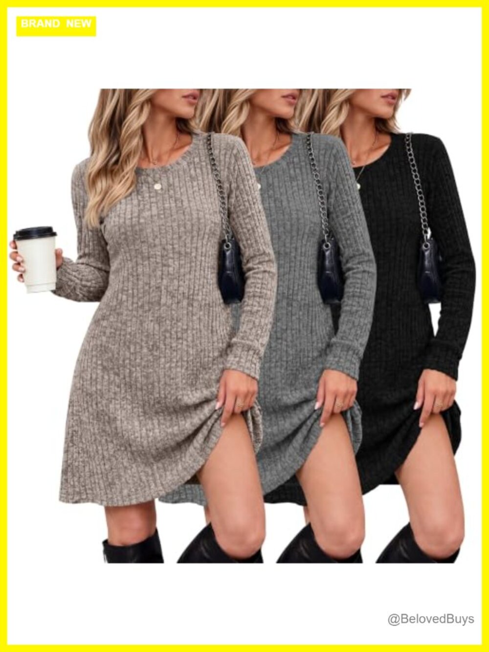 3 Pack Women's Long Sleeve Ribbed Knit Sweater Dress Crew Neck Tunic